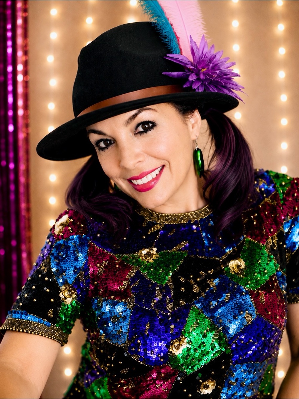 Oleg Cassini Multicolored Sequin Top with Gold Bead Trim